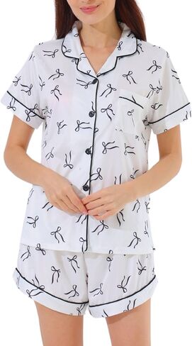 Bow Pajama-Coquette Women's 2 قطعة Pajama Set ، Bow Graphic Short Sleeve Button-Down Down Down Shirt & Shirts in Kuwait