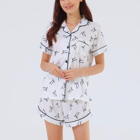 Bow Pajama-Coquette Women's 2 قطعة Pajama Set ، Bow Graphic Short Sleeve Button-Down Down Down Shirt & Shirts in Kuwait