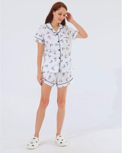 Bow Pajama-Coquette Women's 2 قطعة Pajama Set ، Bow Graphic Short Sleeve Button-Down Down Down Shirt & Shirts in Kuwait
