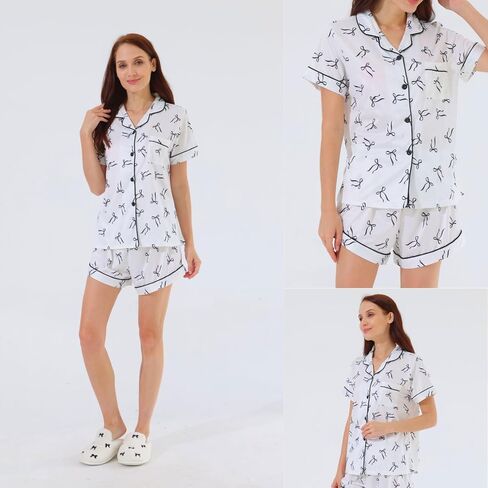 Bow Pajama-Coquette Women's 2 قطعة Pajama Set ، Bow Graphic Short Sleeve Button-Down Down Down Shirt & Shirts in Kuwait