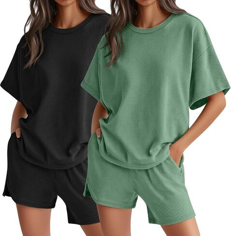 Neer 2 Pack Waffle Knit Women's Pajama Sets Lounge Cute Short Sleeve Top and Shorts Matching PJ With Pockets in Saudi Arabia