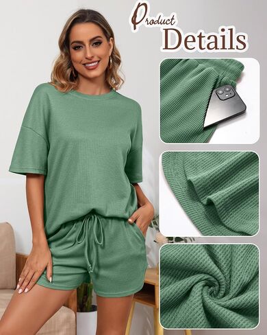 Neer 2 Pack Waffle Knit Women's Pajama Sets Lounge Cute Short Sleeve Top and Shorts Matching PJ With Pockets in Saudi Arabia