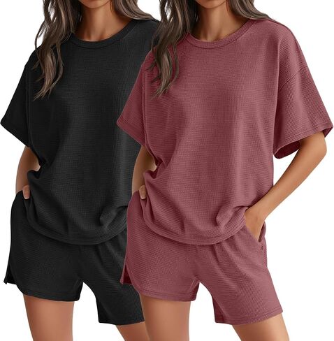 Neer 2 Pack Waffle Knit Women's Pajama Sets Lounge Cute Short Sleeve Top and Shorts Matching PJ With Pockets in Saudi Arabia