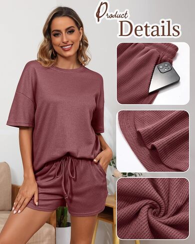 Neer 2 Pack Waffle Knit Women's Pajama Sets Lounge Cute Short Sleeve Top and Shorts Matching PJ With Pockets in Saudi Arabia