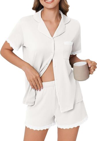 Ekouaer Womens Short Sleeve Pajamas Set Soft Sleepwear Button Down Lounge Set Lace Top and Shorts Pj Nightwear in Saudi Arabia