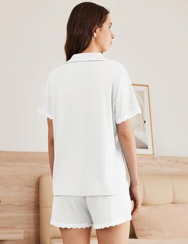 Ekouaer Womens Short Sleeve Pajamas Set Soft Sleepwear Button Down Lounge Set Lace Top and Shorts Pj Nightwear in Saudi Arabia
