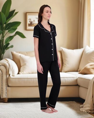 BORN Womens Button Down Pajama Set, Short Sleeve PJ Set with Pants | Soft & Breathable in Saudi Arabia