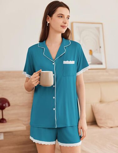 Ekouaer Womens Short Sleeve Pajamas مجموعة ملابس ناعمة للنوم لأسفل صالة مجموعة الدانتيل أعلى وسروال سراويل in Saudi Arabia