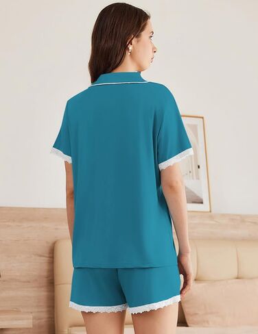 Ekouaer Womens Short Sleeve Pajamas مجموعة ملابس ناعمة للنوم لأسفل صالة مجموعة الدانتيل أعلى وسروال سراويل in Saudi Arabia