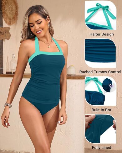 Womens Two Piece Tankini Swimsuit Tummy Control Bathing Suits Slim Halter Swimwear with High Waisted Bottom in Kuwait