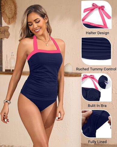 Womens Two Piece Tankini Swimsuit Tummy Control Bathing Suits Slim Halter Swimwear with High Waisted Bottom in Kuwait