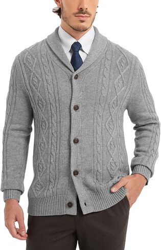 Kallspin Men's Wool Wool Blend Cabled Cable Sweater Cardigan Shawr Neck Sweater Long in Kuwait