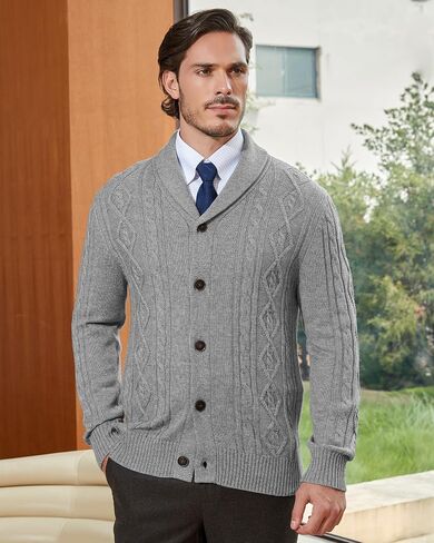 Kallspin Men's Wool Wool Blend Cabled Cable Sweater Cardigan Shawr Neck Sweater Long in Kuwait