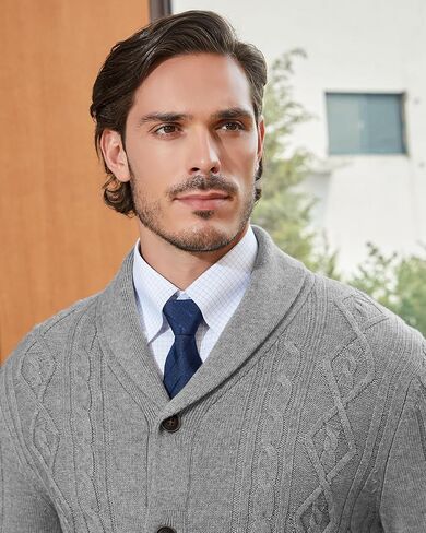 Kallspin Men's Wool Wool Blend Cabled Cable Sweater Cardigan Shawr Neck Sweater Long in Kuwait