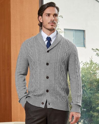 Kallspin Men's Wool Wool Blend Cabled Cable Sweater Cardigan Shawr Neck Sweater Long in Kuwait
