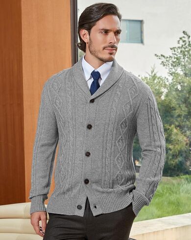 Kallspin Men's Wool Wool Blend Cabled Cable Sweater Cardigan Shawr Neck Sweater Long in Kuwait