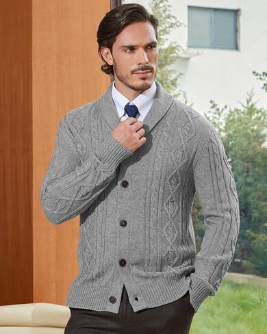 Kallspin Men's Wool Wool Blend Cabled Cable Sweater Cardigan Shawr Neck Sweater Long in Kuwait