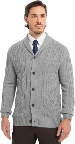 Kallspin Men's Wool Wool Blend Cabled Cable Sweater Cardigan Shawr Neck Sweater Long in Kuwait