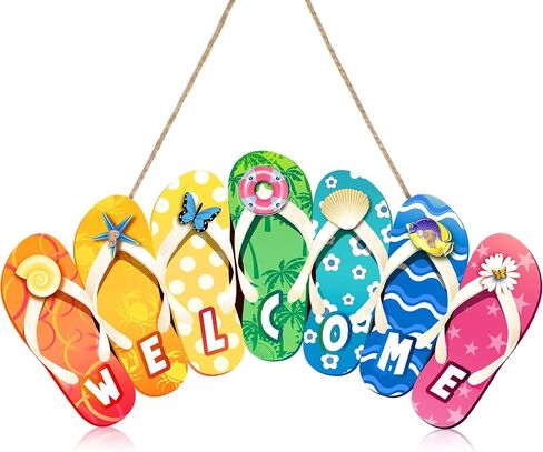 Summer Slippers Hanging Sign Shape Welcome Hello Flip Flop Wooden Door Plaque Rustic Wall Sign Yard Indoor Outdoor Garden Decoration with Rope (Welcome) in Saudi Arabia