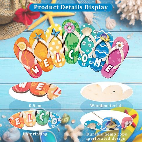 Summer Slippers Hanging Sign Shape Welcome Hello Flip Flop Wooden Door Plaque Rustic Wall Sign Yard Indoor Outdoor Garden Decoration with Rope (Welcome) in Saudi Arabia
