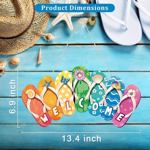 Summer Slippers Hanging Sign Shape Welcome Hello Flip Flop Wooden Door Plaque Rustic Wall Sign Yard Indoor Outdoor Garden Decoration with Rope (Welcome) in Saudi Arabia