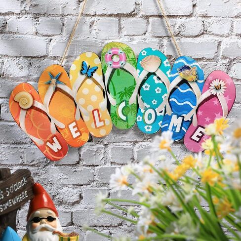 Summer Slippers Hanging Sign Shape Welcome Hello Flip Flop Wooden Door Plaque Rustic Wall Sign Yard Indoor Outdoor Garden Decoration with Rope (Welcome) in Saudi Arabia