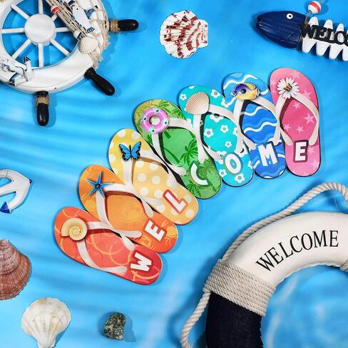Summer Slippers Hanging Sign Shape Welcome Hello Flip Flop Wooden Door Plaque Rustic Wall Sign Yard Indoor Outdoor Garden Decoration with Rope (Welcome) in Saudi Arabia