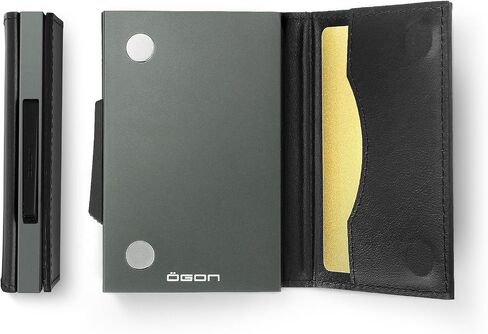 ÖGON -DESIGNS- Automatic Leather wallet, RFID Protection, Compact aluminum card holder, Up to 8 cards and banknotes, Cascade Slim model in Saudi Arabia