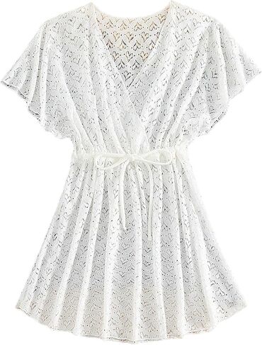 SHENHE Girl's Chiffon V Neck Short Sleeve Drawstring Beachwear Bikini Cover Up in Saudi Arabia