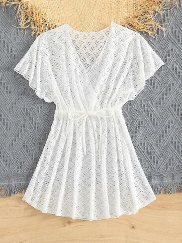 SHENHE Girl's Chiffon V Neck Short Sleeve Drawstring Beachwear Bikini Cover Up in Saudi Arabia