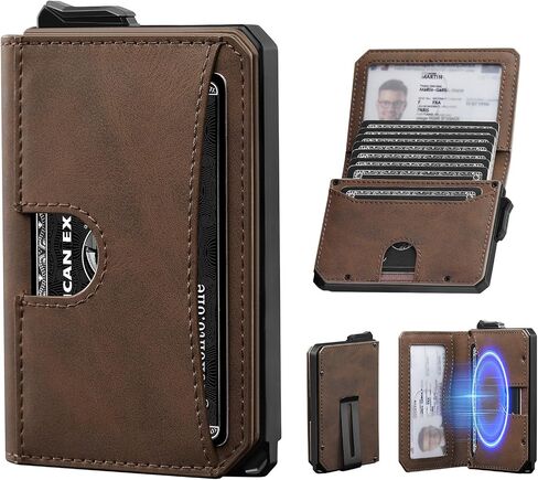 Wallet for Men, Mens Minimalist Wallet 8-12 Cards, Pop Up Card Wallet RFID Blocking, Bifold Slim Wallet with Money Clip & ID Window, Tactical Wallet for Airtag, Tile Tag & Tracker (Brown) in Saudi Arabia