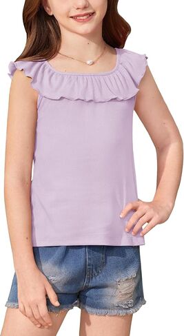 Besserbay Girls Summer Ruffle Trim Square Reck Rectled Tank Top Top Top Cute Strechy Flights Ene Stirt 5-14 years in Kuwait
