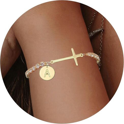 Gold Cross Bracelets for Women Mothers Day Gifts 14K Gold Plated 3mm Cubic Zirconia Classic Tennis Bracelet Dainty Initial Bracelet Letter A-Z Charm for Women Trendy Jewelry Gifts in Saudi Arabia