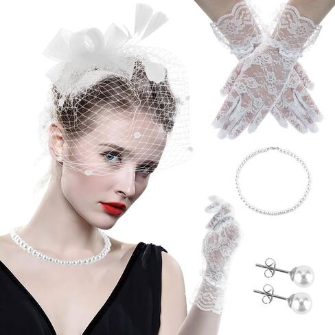 4 Pieces Fascinators Hat for Women,Fascinator Headband,Lace Gloves,Tea Party Attire,Tea Party Hats for Women with Glove,Cocktail Hat in Kuwait