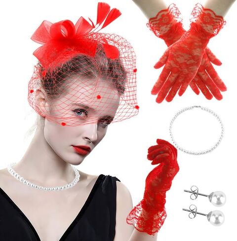 4 Pieces Fascinators Hat for Women,Fascinator Headband,Lace Gloves,Tea Party Attire,Tea Party Hats for Women with Glove,Cocktail Hat in Kuwait
