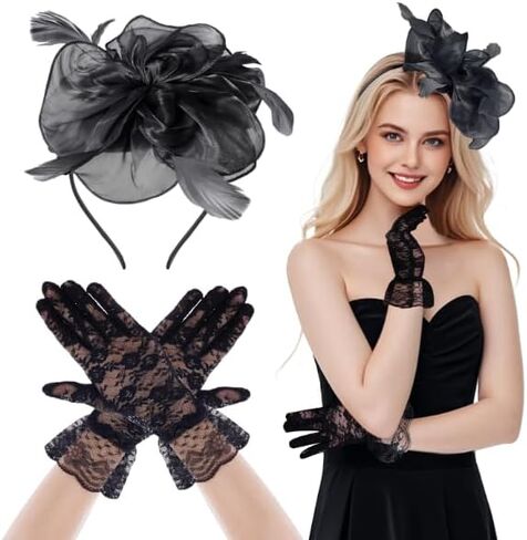 Sucrain 2 Pcs Fascinators Hat for Women Headband Tea Party with Lace Glove in Kuwait