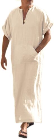 COOFANDY Men's V-neck Short Sleeve Robe Side Split Kaftan Cotton Long Gown Thobe S-4XL in Saudi Arabia
