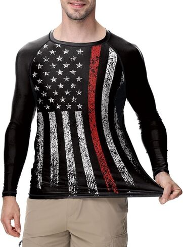 Jiu Jitsu Men American Flag UPF 50+ Sun Protection Printed Performance Fit Compression Rash Guard Long Sleeve Swim Shirts in Kuwait