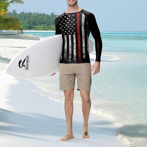 Jiu Jitsu Men American Flag UPF 50+ Sun Protection Printed Performance Fit Compression Rash Guard Long Sleeve Swim Shirts in Kuwait