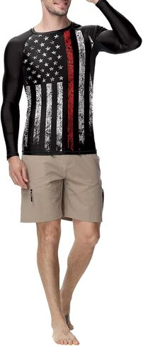 Jiu Jitsu Men American Flag UPF 50+ Sun Protection Printed Performance Fit Compression Rash Guard Long Sleeve Swim Shirts in Kuwait