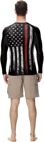 Jiu Jitsu Men American Flag UPF 50+ Sun Protection Printed Performance Fit Compression Rash Guard Long Sleeve Swim Shirts in Kuwait