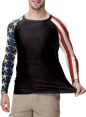 Jiu Jitsu Men American Flag UPF 50+ Sun Protection Printed Performance Fit Compression Rash Guard Long Sleeve Swim Shirts in Kuwait
