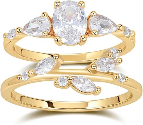 Modern Wedding Ring Stack | Three Stone CZ Engagement Ring | Women's 14K Gold Leaf Vine Wedding Band | Cubic Zirconia Bridal Set - Anniversary in Saudi Arabia