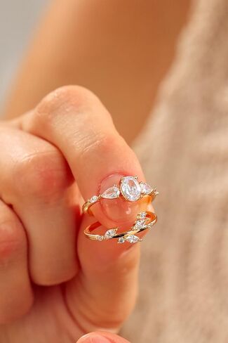 Modern Wedding Ring Stack | Three Stone CZ Engagement Ring | Women's 14K Gold Leaf Vine Wedding Band | Cubic Zirconia Bridal Set - Anniversary in Saudi Arabia