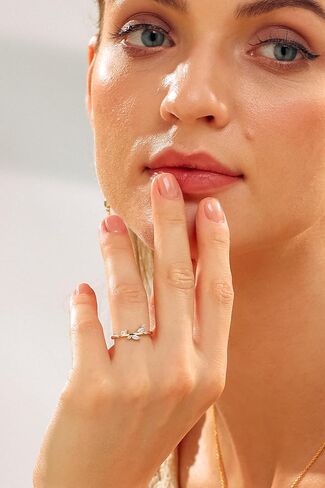 Modern Wedding Ring Stack | Three Stone CZ Engagement Ring | Women's 14K Gold Leaf Vine Wedding Band | Cubic Zirconia Bridal Set - Anniversary in Saudi Arabia