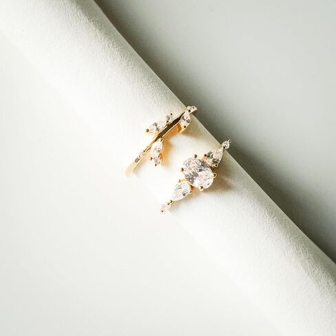 Modern Wedding Ring Stack | Three Stone CZ Engagement Ring | Women's 14K Gold Leaf Vine Wedding Band | Cubic Zirconia Bridal Set - Anniversary in Saudi Arabia