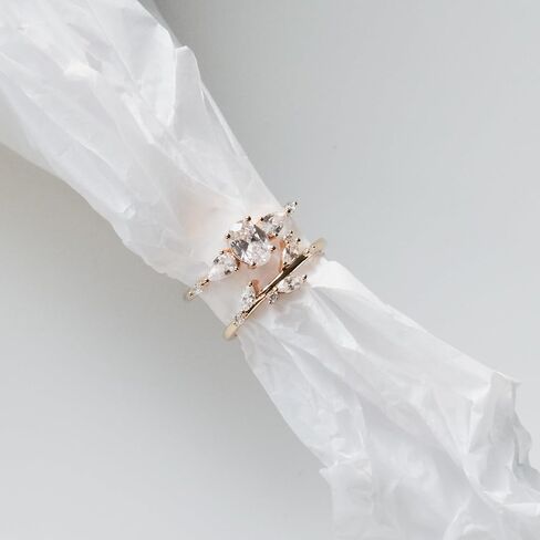 Modern Wedding Ring Stack | Three Stone CZ Engagement Ring | Women's 14K Gold Leaf Vine Wedding Band | Cubic Zirconia Bridal Set - Anniversary in Saudi Arabia
