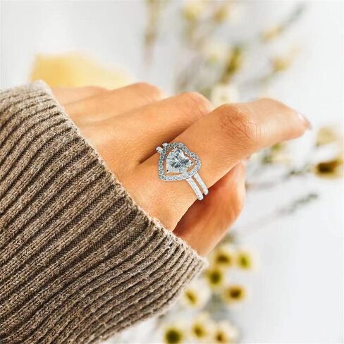 DOCCESTU 925 Sterling Silver Women's Heart Shaped Bridal Engagement Ring Set Sterling Silver Halo Wedding Commitment Ring Cubic Zirconia Cz Women's Anniversary Ring Size 6 in Kuwait