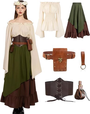 Renaissance Costume Women Ren Faire Outfit Medieval Skirt Dress with Corset Belt Pouch Coin Purse Skirt Hike 7PC in Saudi Arabia