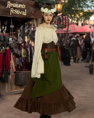 Renaissance Costume Women Ren Faire Outfit Medieval Skirt Dress with Corset Belt Pouch Coin Purse Skirt Hike 7PC in Saudi Arabia